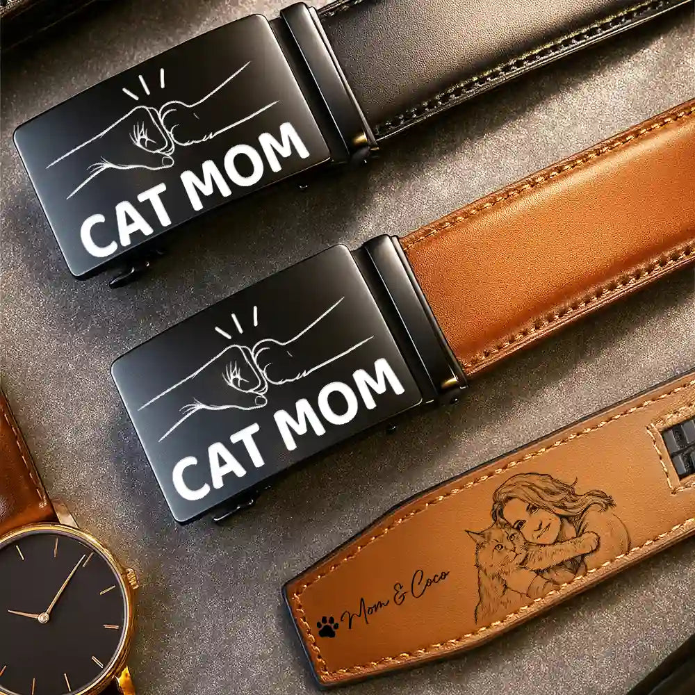 Pet Lovers,Pet Mom,Pet Dad,Dog Lovers,Dog Mom,Dog Dad,Cat Lovers,Cat Mom,Cat Dad,Non-Eng,Photo - Pencil Sketch,Adorable - Custom Photo Pencil Sketch Dog Dad Cat Dad - Personalized Leather Belt With Engraved Buckle