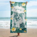 Pet Lovers,Pet Mom,Pet Dad,Dog Lovers,Dog Mom,Dog Dad,Cat Lovers,Cat Mom,Cat Dad,Beach,Summer,Non-Eng,Photo - Pencil Sketch,Playful - Custom Photo Pencil Sketch With Tropical Leaves For Pet Lovers - Personalized Beach Towel