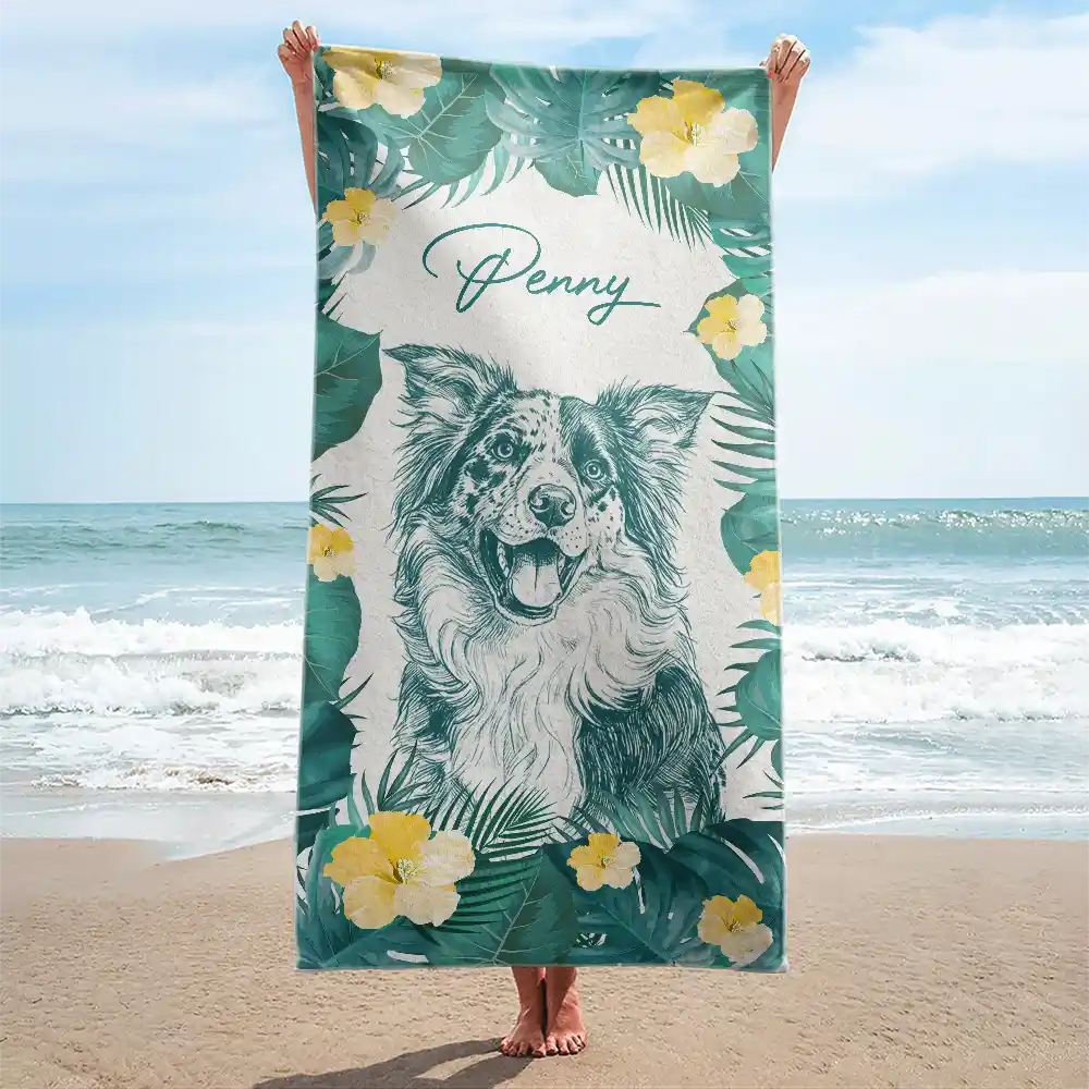 Pet Lovers,Pet Mom,Pet Dad,Dog Lovers,Dog Mom,Dog Dad,Cat Lovers,Cat Mom,Cat Dad,Beach,Summer,Non-Eng,Photo - Pencil Sketch,Playful - Custom Photo Pencil Sketch With Tropical Leaves For Pet Lovers - Personalized Beach Towel