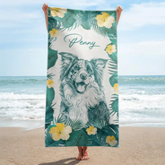 Pet Lovers,Pet Mom,Pet Dad,Dog Lovers,Dog Mom,Dog Dad,Cat Lovers,Cat Mom,Cat Dad,Beach,Summer,Non-Eng,Photo - Pencil Sketch,Playful - Custom Photo Pencil Sketch With Tropical Leaves For Pet Lovers - Personalized Beach Towel