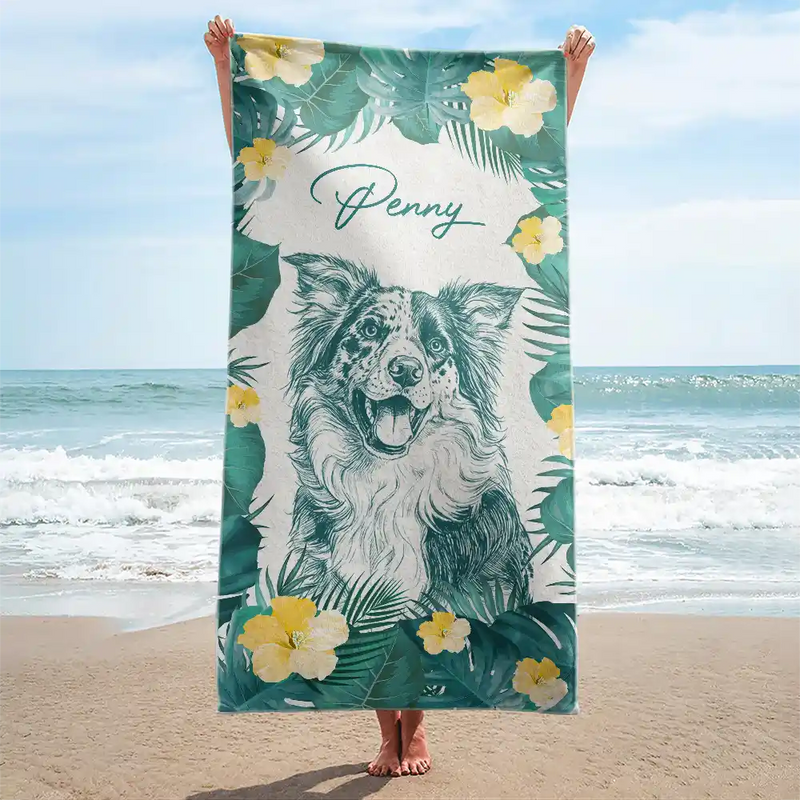 Pet Lovers,Pet Mom,Pet Dad,Dog Lovers,Dog Mom,Dog Dad,Cat Lovers,Cat Mom,Cat Dad,Beach,Summer,Non-Eng,Photo - Pencil Sketch,Playful - Custom Photo Pencil Sketch With Tropical Leaves For Pet Lovers - Personalized Beach Towel