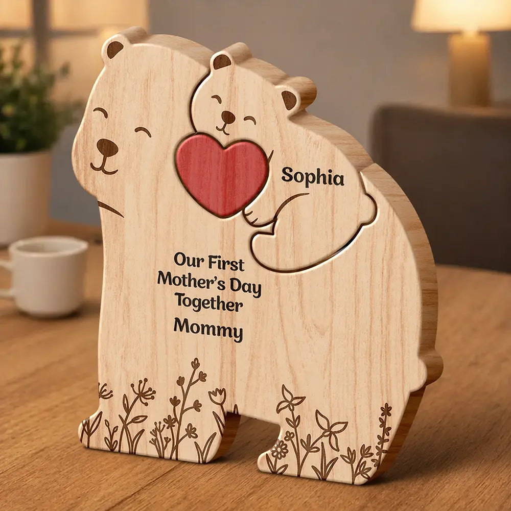 Gift For Mother,Gift For Father,Love - Hugging Mama Papa Bear & Baby Cub - Personalized Custom Shaped Wooden Puzzle