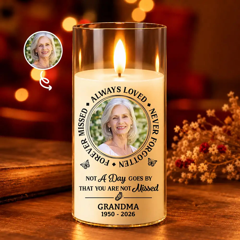 Christmas,Custom Photo,Family,Memorial,Memorial Loved One,Sympathetic,Upload Full Photo - Memorial Sympathy Gift For Loss Of Parent - Personalized Custom Photo Always Loved Never Forgotten LED Candle