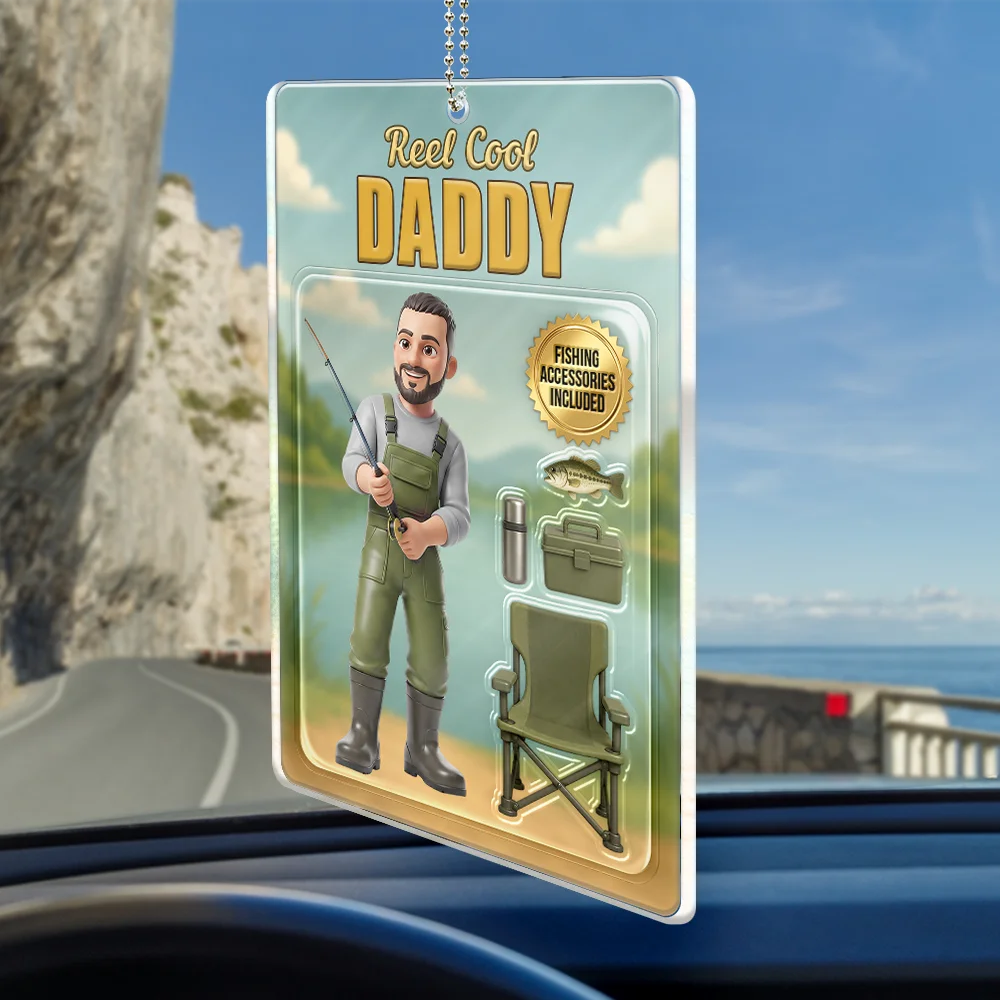 Gift For Father,Custom Photo,Fishing,Art Design,Playful,Photo - Toybox Figure - Custom Photo Toybox Figure Fishing Man Dad Grandpa Limited Edition - Personalized Acrylic Car Hanger