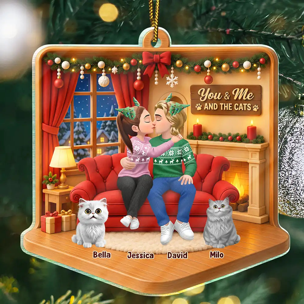 Christmas, Dog Couple, Dog Lovers, Gift For Couples, Pet Lovers, Romantic, Vector - Christmas Gift For Couples With Dogs - Personalized Diorama Style Acrylic Ornament