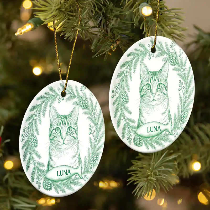 Art Design,Christmas,Cozy,Pet Lovers,Photo - Pencil Sketch - Remove BG - Custom Photo Pencil Sketch Loving Dog Cat Pet Portrait - Personalized Circle Ceramic Ornament