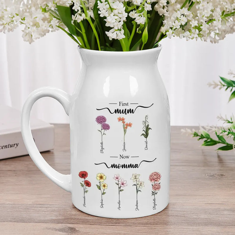 Gift For Grandma, Gift For Mother - First Mom Now Grandma Birth Flowers - Personalized Ceramic Flower Vase