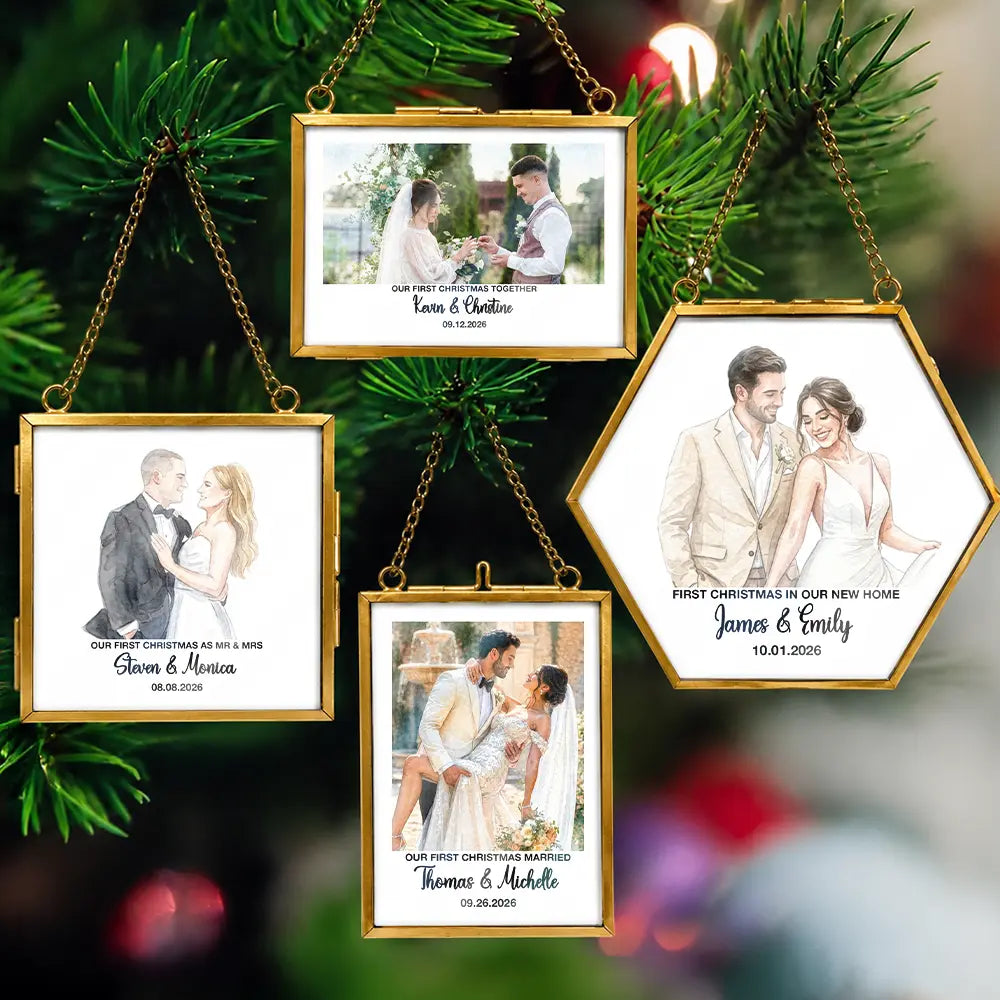 Art Design,Christmas,Custom Photo,First Christmas,Gift For Couples,Married Couple,Photo - Watercolor - Remove BG,Romantic,Top Market - Our First Christmas Couple - Personalized Custom Photo Watercolor Metal Frame Ornament