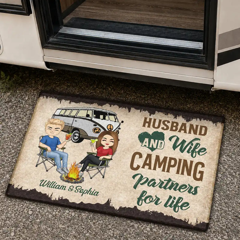 Let's Sit By The Campfire Husband Wife Camping - Couple Gift - Personalized Custom Doormat