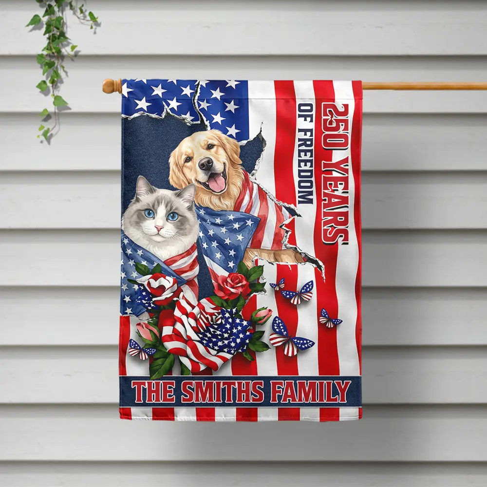 America 250th,Custom Photo,Independence Day,Art Design,Pet Lovers,Playful,Photo - US Theme Accessories Watercolor - Custom Photo Watercolor With US Accessories Patriotic Dog Cat 250 Years Of Freedom - Personalized Flag