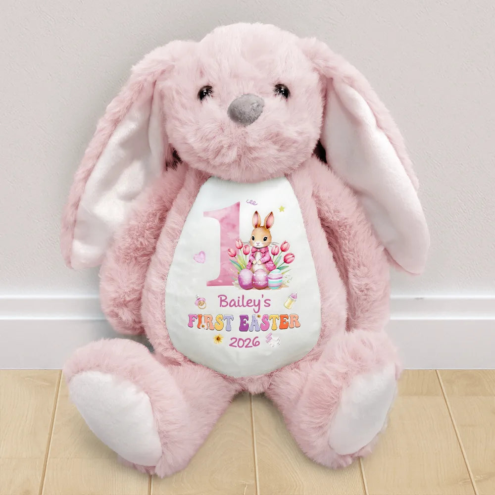 New Dad,New baby,New Mom - Text Pattern My First Easter - Personalized Soft Toy Bunny
