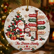 Christmas,Family,Happy,Icon - Christmas Gift For Family - Personalized Family Name Santa And Snowman 3D Embossed Circle Ceramic Ornament