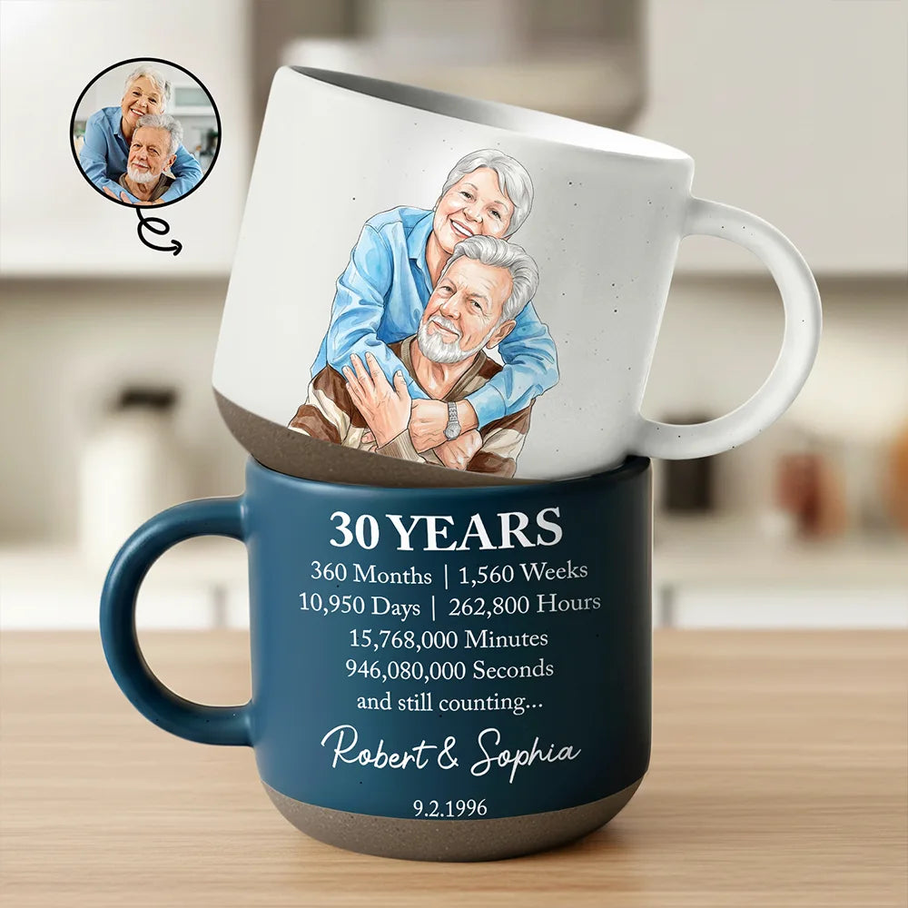 Anniversary,Art Design,Custom Photo,Gift For Couples,Old Couples,Photo - Vivid Watercolor Art,Romantic - Anniversary Gift For Couples - Personalized Custom Photo Watercolor Names Year Counting Time Together Pottery Mug