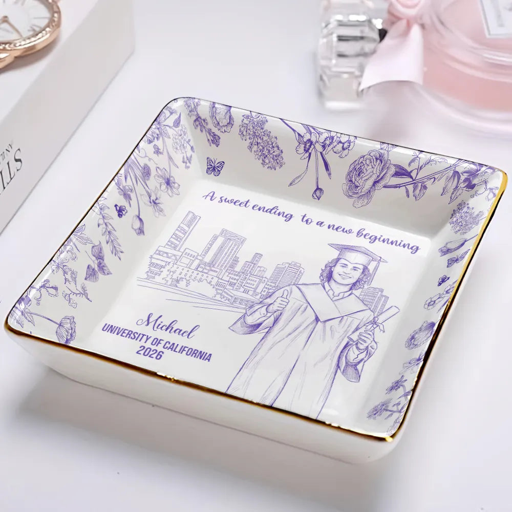 Graduation,Gift For Yourself,Gift For Women,Happy - Custom Photo Pencil Sketch Graduation A Sweet Ending To A New Beginning - Personalized Ring Dish