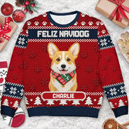 Art Design, Christmas, Custom Photo, Pet Lovers, Photo - Crochet Pet, Playful - Christmas Gift For Pet Lovers - Personalized Custom Photo Crochet Pet Feliz Navidog Unisex Ugly Sweater