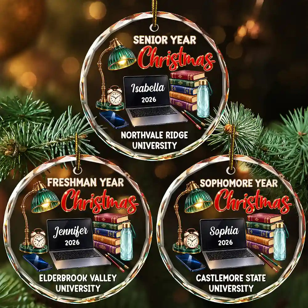 Christmas, Custom Text, Happy, Top Market - Christmas Keepsake Gift For College Student - Personalized Freshman Sophomore Year Circle Glass Ornament