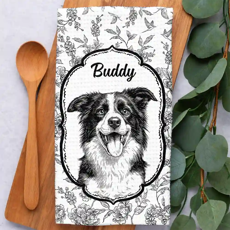 Happy, Dog Lovers, Pet Lovers, Cat Lovers - Custom Photo Pencil Sketch Dog Cat Pet Portrait Toile - Personalized Kitchen Towel