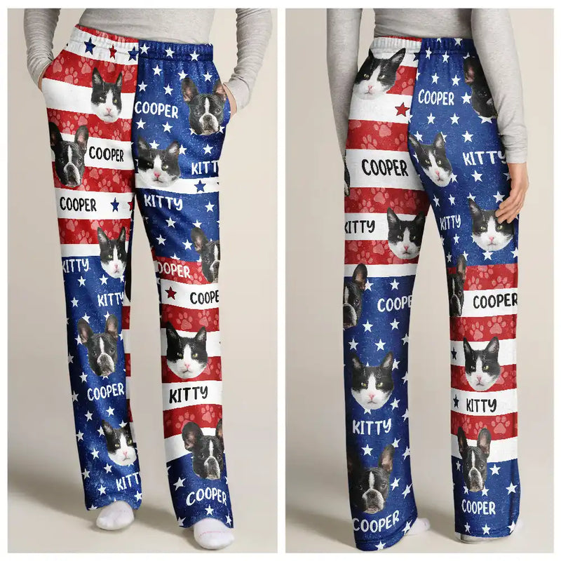 Independence Day,Dog Lovers,Pet Lovers,Cat Lovers,Photo,Proud - Custom Photo Funny Pet Face Pattern Dog Cat US Flag - Personalized Pajama Pants