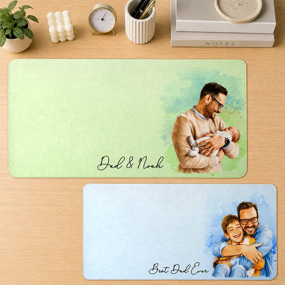 Gift For Husband,Gift For Yourself,Gift For Men,Gift For Father,Gift For Grandpa,Non-Eng,Photo - Watercolor (remove BG),Cozy - Custom Photo Realistic Watercolor Art I Love You Dad Grandpa - Personalized Leather Desk Mat