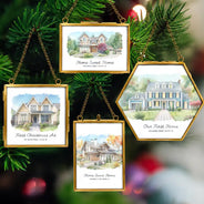 Art Design,Christmas,Family,Photo - Watercolor - With BG,Happy - Custom Photo Watercolor Painting First Christmas In Our New Home - Personalized Metal Frame Ornament