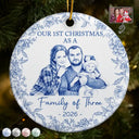 Art Design,Christmas,Family,Photo - Porcelain Art Style,Happy - Custom Photo Single-Color Watercolor First Christmas As A Family Of Four - Personalized Circle Ceramic Ornament