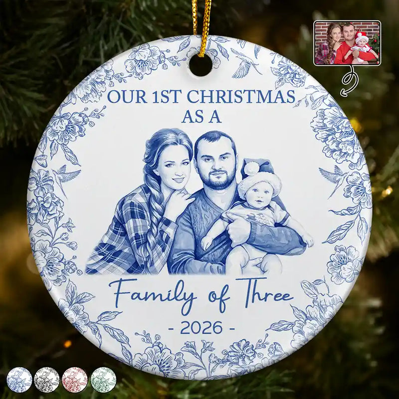 Art Design,Christmas,Family,Photo - Porcelain Art Style,Happy - Custom Photo Single-Color Watercolor First Christmas As A Family Of Four - Personalized Circle Ceramic Ornament