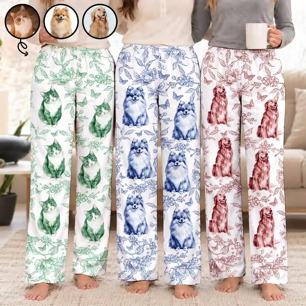 Art Design,Custom Photo,Happy,Pet Lovers,Photo - Porcelain Art Style,Top Market - Gift For Her, Pet Lovers - Personalized Custom Photo Watercolor Pet Portrait Pajama Pants