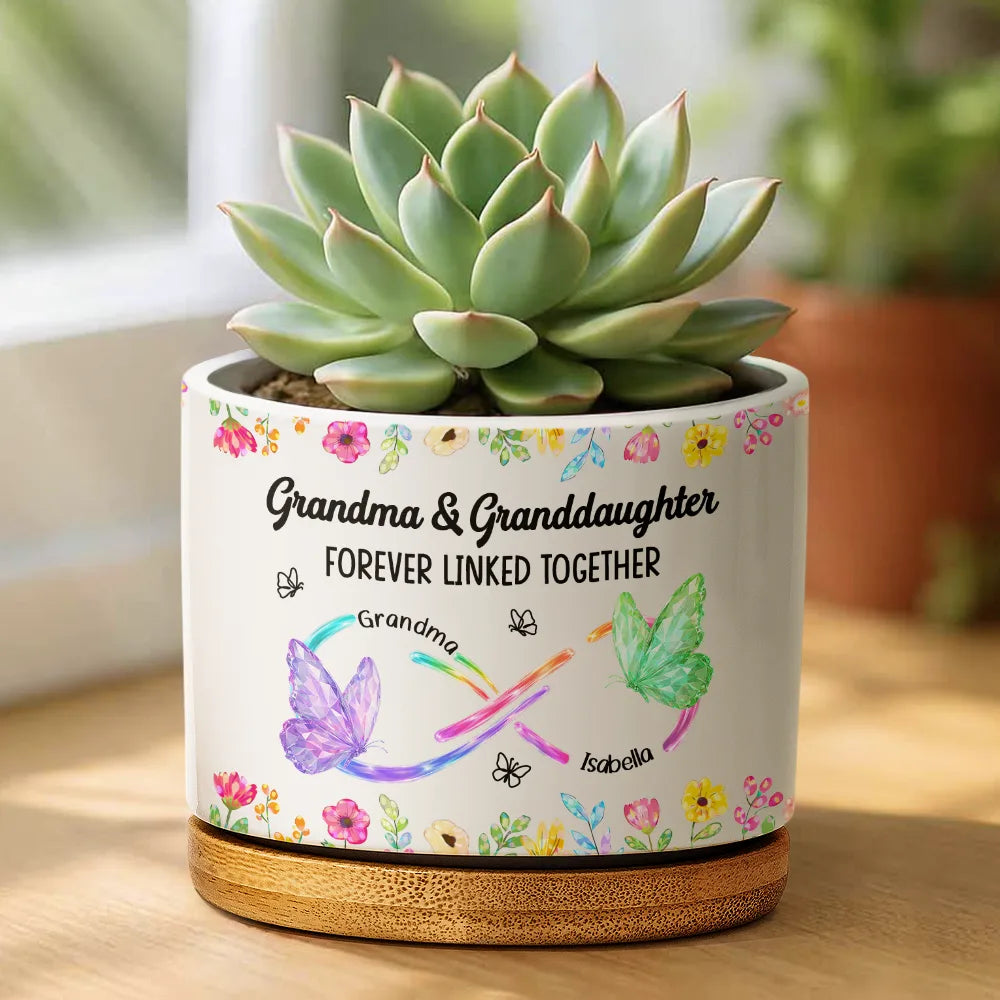 Gift For Mother,Gift For Grandma,Grandma - Grandkids,Mom - Daughters (Adult),Mom - Daughters (Young),Love,Happy - Mother And Daughter Forever Linked Together Crystal Butterflies - Personalized Ceramic Plant Pot
