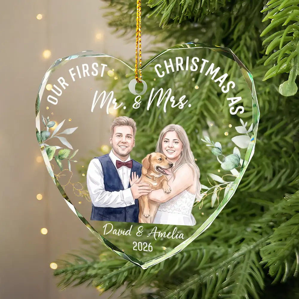 First Christmas,Art Design,Christmas,Married Couple,Romantic,Gift For Couples,Photo - Watercolor - Remove BG - Custom Photo Realistic Watercolor Art Our First Christmas As Mr & Mrs Wedding Couple Pet - Personalized Heart Shaped Glass Ornament