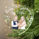 First Christmas,Art Design,Christmas,Married Couple,Romantic,Gift For Couples,Photo - Watercolor - Remove BG - Custom Photo Realistic Watercolor Art Our First Christmas As Mr & Mrs Wedding Couple Pet - Personalized Heart Shaped Glass Ornament