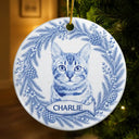 Art Design,Christmas,Cozy,Pet Lovers,Photo - Porcelain Art Style - Custom Photo Single-Color Watercolor Loving Dog Cat Pet Portrait - Personalized Circle Ceramic Ornament