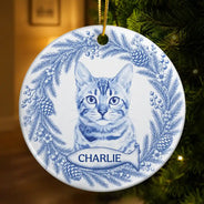 Art Design,Christmas,Cozy,Pet Lovers,Photo - Porcelain Art Style - Custom Photo Single-Color Watercolor Loving Dog Cat Pet Portrait - Personalized Circle Ceramic Ornament