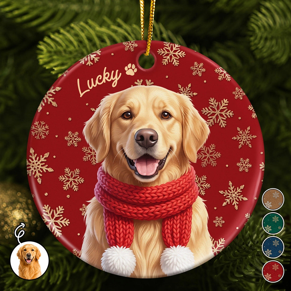 Art Design,Christmas,Custom Photo,Indoor Decor,Pet Lovers,Photo - Christmas Accessories 3D Cartoon Pet,Playful - Christmas Gift For Dog Cat Lovers - Personalized Custom Photo Snowflake Pet Portrait And Name Circle Ceramic Ornament
