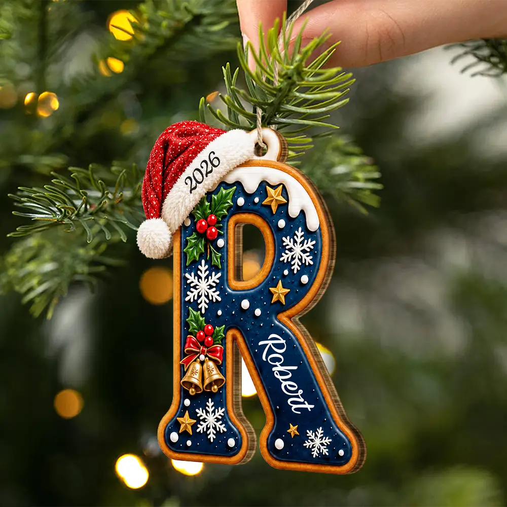 Sentimental,Christmas,Family,Icon - Custom Name Christmas Santa Hat Initial Letter Gift For Family - Personalized Custom Shaped Wooden Ornament