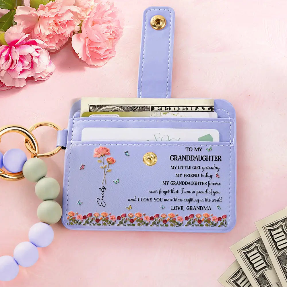 Gift For Daughter,Gift For Women,Happy,Gift For Grandkids - Faux Pressed Birth Flower My Daughter Forever - Personalized Keychain Wristlet Leather Wallet