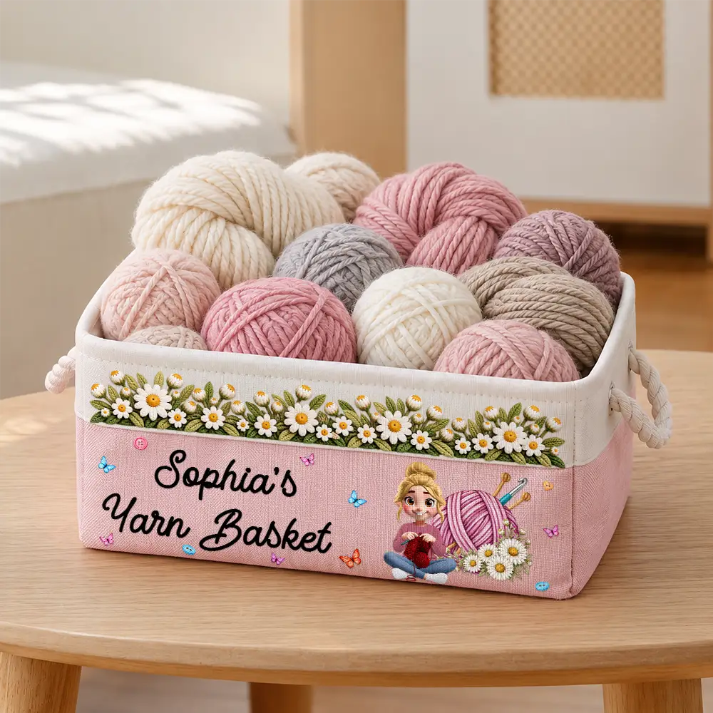 Christmas,Cozy,Crocheting,Gift For Women,Gift For Yourself,Gifts For Her,Icon - Gift For Knitter Crocheter Mom Grandma - Personalized Character & Name Yarn Ball With Birth Flower Storage Basket