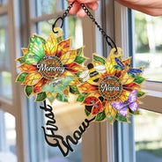 Gift For Grandma,Grandma - Grandkids,Grandma's Hobby,Gardening,Happy - First Mom Now Grandma Sunflower Stained Glass Effect - Personalized Window Hanging Suncatcher Ornament