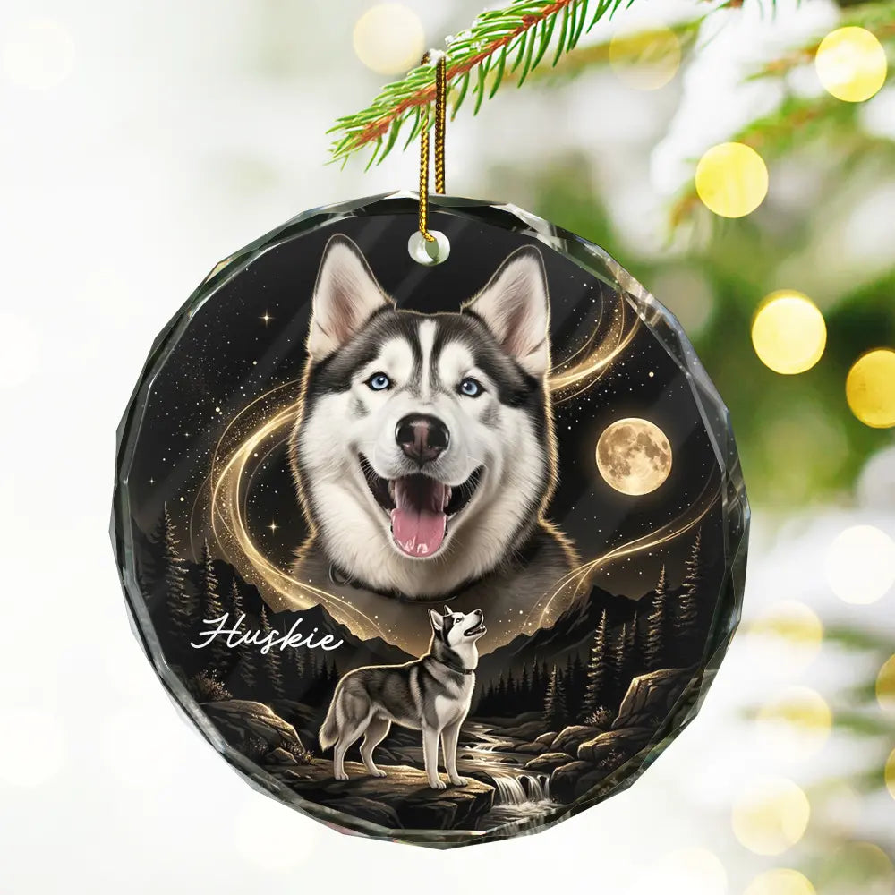 Art Design,Christmas,Custom Photo,Indoor Decor,Pet Lovers,Photo - Moon Pet ,Playful - Gift For Dog Lovers - Personalized Custom Photo Moonlight Night Sky Portrait Circle Glass Ornament