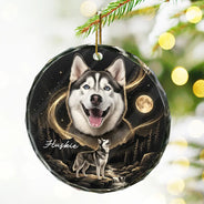 Art Design,Christmas,Custom Photo,Indoor Decor,Pet Lovers,Photo - Moon Pet ,Playful - Gift For Dog Lovers - Personalized Custom Photo Moonlight Night Sky Portrait Circle Glass Ornament