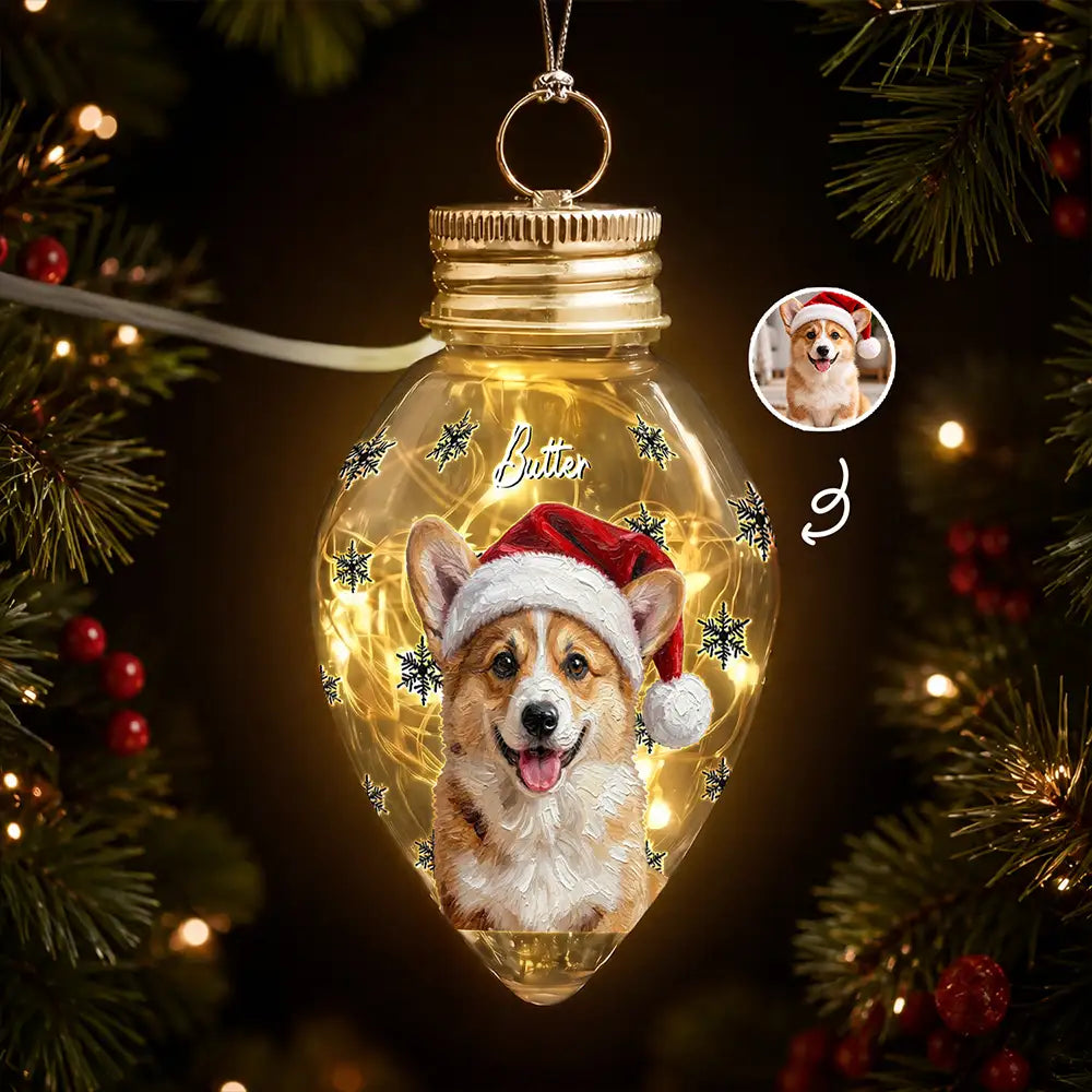 Art Design,Christmas,Custom Photo,Dog Lovers,Pet Lovers,Photo - Oil Painting,Playful - Christmas Gift For Dog Lovers - Personalized Custom Photo & Name Pet Dog Portrait With Holly Snowflake Poinsettia Chili Bulb LED Light