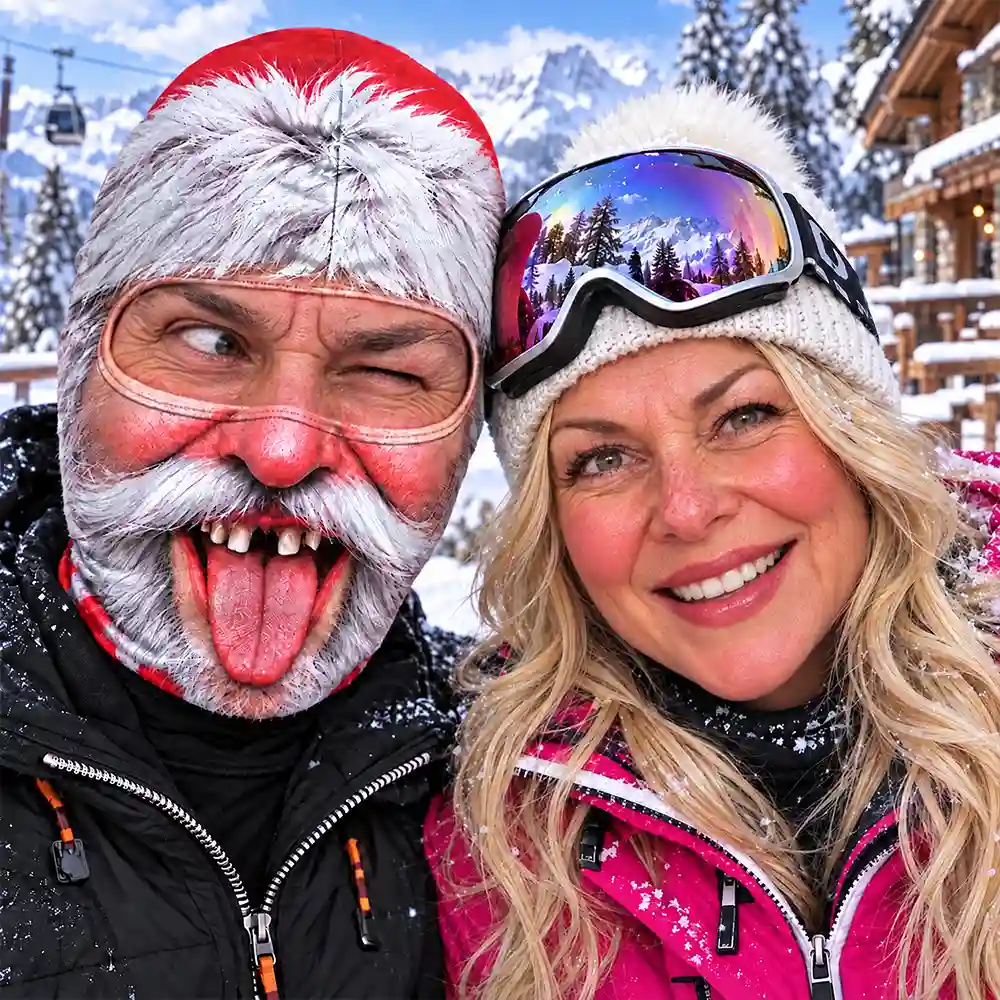 Christmas,Gift For Couples,Humorous,Icon,Old Couples,Skiing - Winter Skiing Gag Gift For Husband, Matching Gear For Couple - Personalized 3D Realistic Funny Santa And Mrs. Clause Balaclava Face Mask