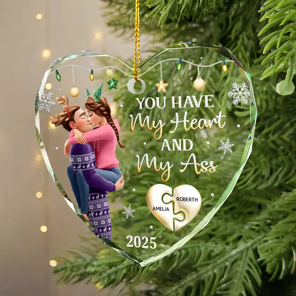 Gift For Couples,Gift For Husband,Gift For Wife,Gift For Boyfriend,Gift For Girlfriend,Christmas,Funny - You Have My Heart Couple - Personalized Heart Shaped Glass Ornament