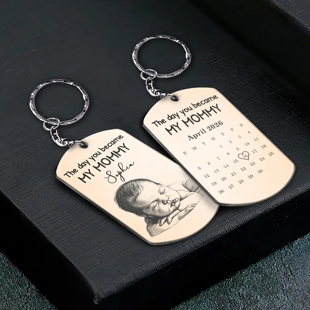 Custom Photo, New Mom, New baby, Happy - Custom Photo Pencil Sketch Calendar The Day You Became My Mom - Personalized Aluminum Keychain