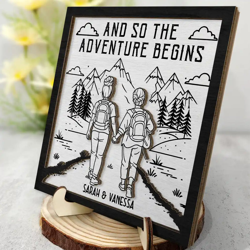 Gift For Couples,Gift For Husband,Old Couples,Gift For Wife,Gift For Boyfriend,Gift For Girlfriend,LGBT,Love - Adventure Partners For Life - Personalized 2-Layered Wooden Plaque With Stand