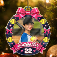 Christmas,Custom Photo,Gift For Mother,Gifts For Her,Happy,Mom - Children,Softball,Upload Full Photo - Christmas Gift For Sports Lovers - Personalized Custom Photo Coquette Bow And Star Acrylic Ornament