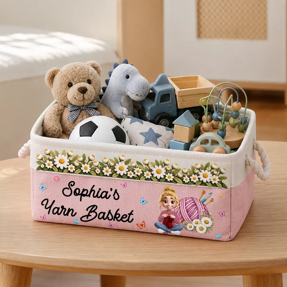 Christmas,Cozy,Crocheting,Gift For Women,Gift For Yourself,Gifts For Her,Icon - Gift For Knitter Crocheter Mom Grandma - Personalized Character & Name Yarn Ball With Birth Flower Storage Basket