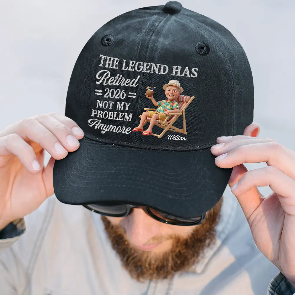 Custom Photo, Art Design, Summer, Retirement, Gift For Yourself, Humorous, Photo - Beach Chair 3D Effect - Custom Photo 3D Summer Concept The Legend Has Retired Not My Problem Anymore - Personalized Vintage Washed Denim Cap