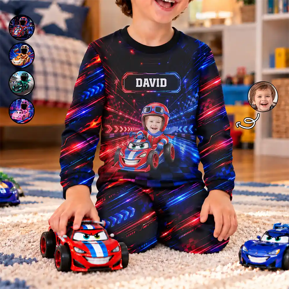 Car,Christmas,Custom Photo,Cut-Face Photo,Gift For Kids,Playful,Top Market,Truck - Gift For Kids Boys - Personalized Custom Photo Photo & Name Race Car Driver With Lightning Kid Pajamas Set