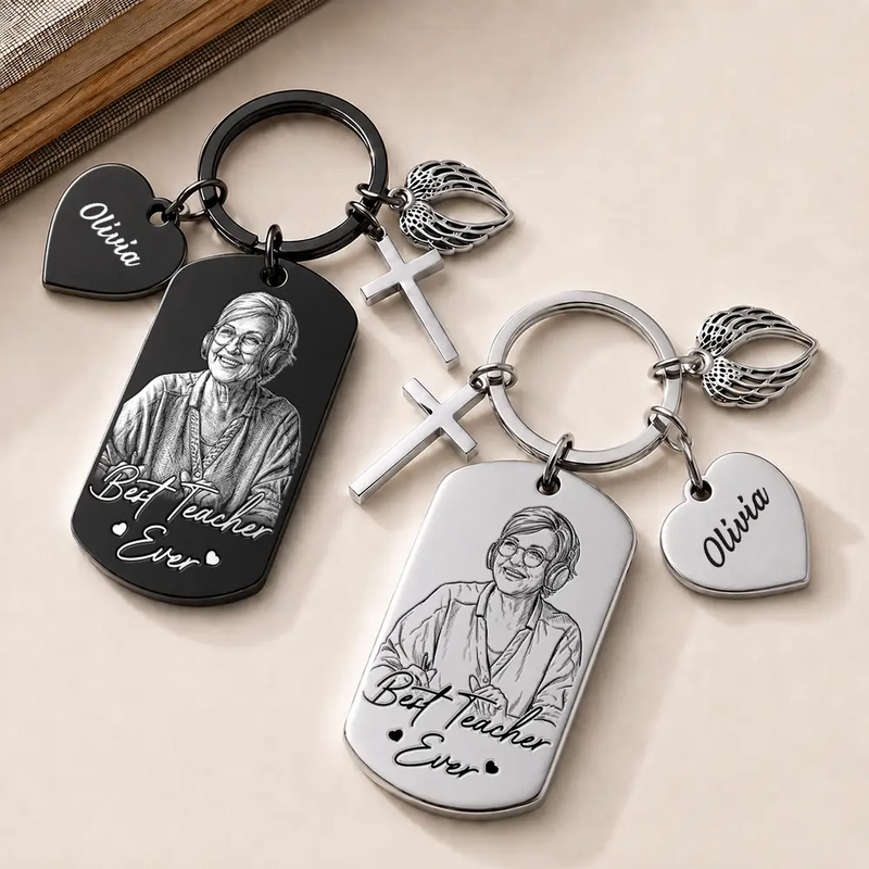 Art Design,Teacher,Back To School,Proud,Retirement,Photo - Pencil Sketch - Bold - Custom Photo Bold Sketch Best Teacher Ever - Personalized Stainless Steel Keychain