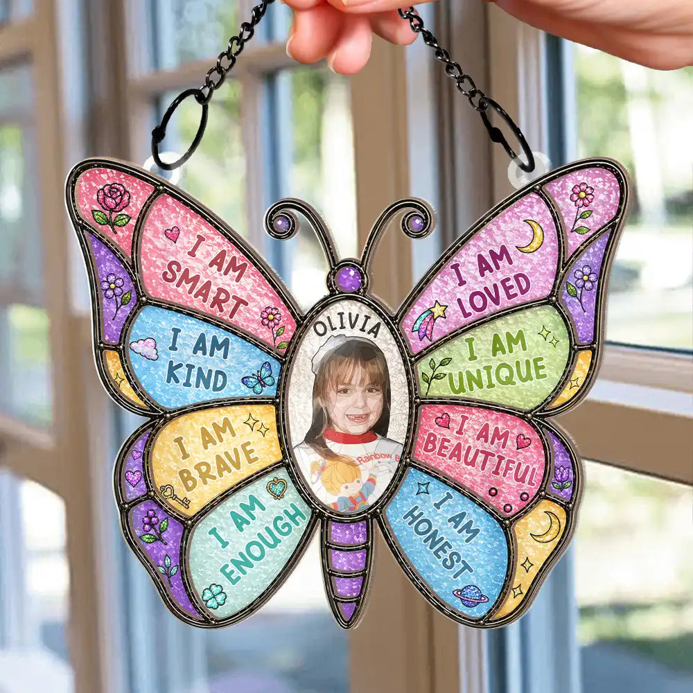 Gift For Kids,Gift For Daughter,Gift For Son,Happy,Photo - Stained Glass - Custom Photo Stained Glass I Am Smart Kind Brave Butterfly - Personalized Window Hanging Suncatcher Ornament